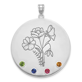 SS/Rhod-plated Circle w/4 Birth Flower and Birthstone Pendant