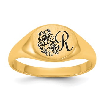 14k Yellow Gold Epoxy Initial and Birth Flower Signet Ring