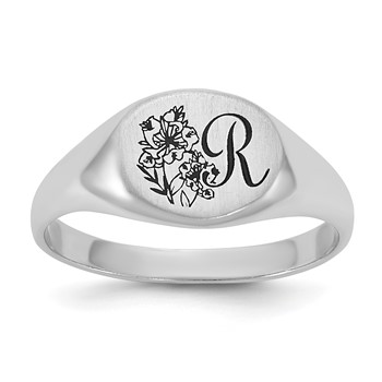 14k White Gold Epoxy Initial and Birth Flower Signet Ring