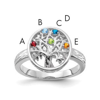 Sterling Silver Rhodium-plated Family Tree Ring with 5 Synthetic Birthstone