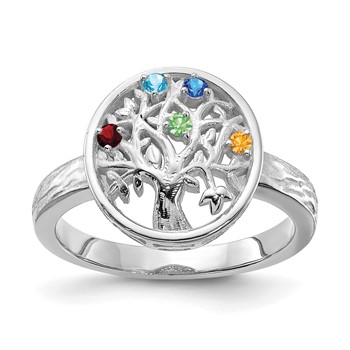 Sterling Silver Rhodium-plated Family Tree Ring with 5 Synthetic Birthstone — alternate view