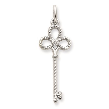 14K White Gold AA Diamond Key Pendant