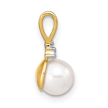 14k 6-7mm White Round Freshwater Cultured Pearl and Diamond Pendant — alternate view