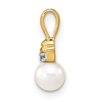 14k 5-6mm White Round Freshwater Cultured Pearl and Diamond Pendant — alternate view