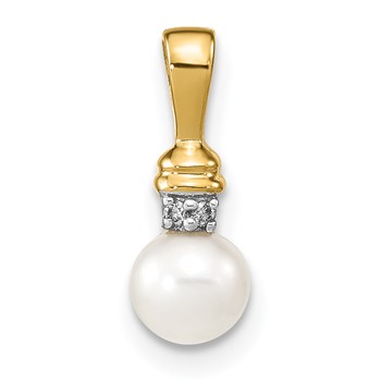 14k 5-6mm White Round Freshwater Cultured Pearl and Diamond Pendant