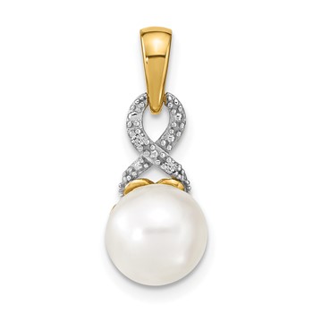 14k 7-8mm Round White Freshwater Cultured Pearl and Diamond Pendant