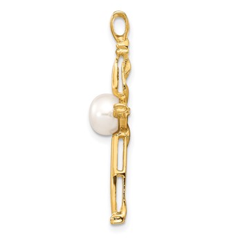 14k 6-7mm White Button Freshwater Cultured Pearl and .02 Carat Diamond Cross Pendant — alternate view