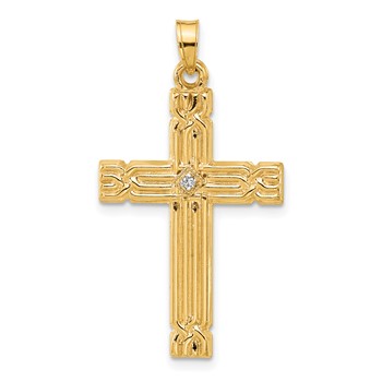 14k Polished and Grooved Hollow Diamond Cross Pendant