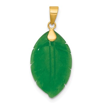 14K Polished Carved Jade Leaf Pendant