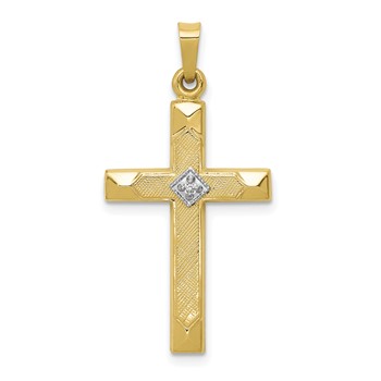 14k Textured and Polished Diamond Accent Cross Pendant