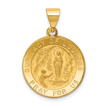 14k Polished and Satin Hollow Our Lady of Lourdes Medal Round Pendant
