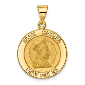 14k Polished and Satin Hollow St. Charles Medal Pendant