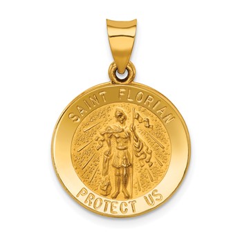 14k Polished and Satin Hollow St Florian Medal Round Pendant