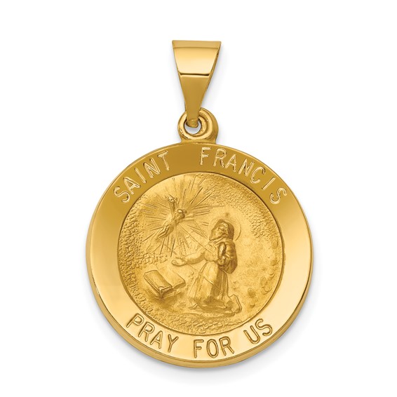 14k Polished and Satin St Francis Medal Hollow Pendant - Quality Gold