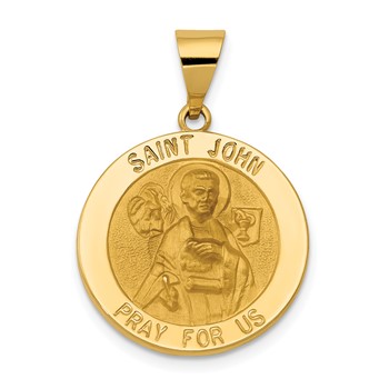 14k Polished and Satin Hollow Saint John Medal Round Pendant