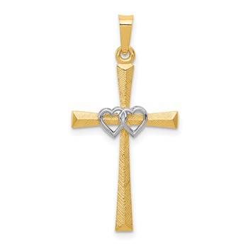 14K Two-tone Textured and Polished Latin Cross with Hearts Pendant