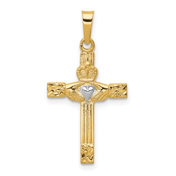14k and White Rhodium Polished Claddagh Cross Pendant