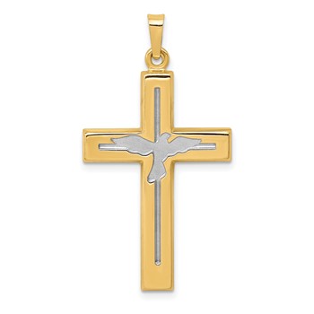 14K and White Rhodium Polished and Satin Cross with Dove Pendant