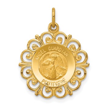 14k Polished and Satin Hollow Spanish Guardian Angel Medal Round Pendant