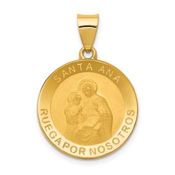 14K Polished and Satin Hollow Spanish Santa Ana Medal Round Pendant