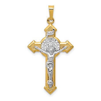 14k and White Rhodium St. Benedict Hollow Medal INRI Crucifix Pendant