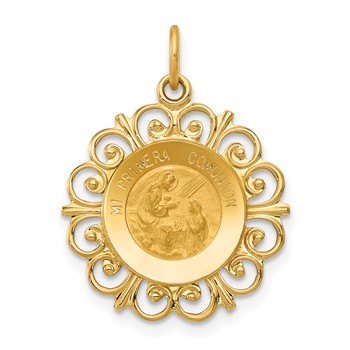 14k Polished and Satin Hollow Spanish Mi Primera Comunion Medal Round Pendant