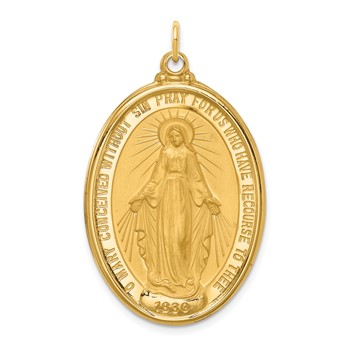 14k Polished and Satin Solid Extra Large Miraculous Medal Oval Pendant