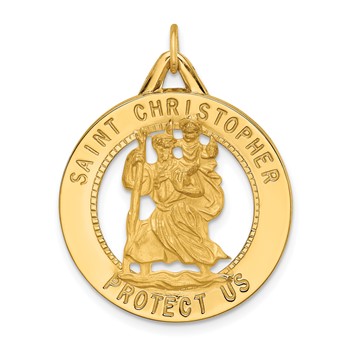 14k Polished and Satin Solid Cut-out St. Christopher Medal Round Pendant