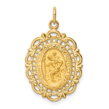 14k Polished and Satin Solid Medium Fancy Pierced Oval St. Christopher Medal Pendant