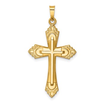 14k Hollow Polished Fleur de Lis Cross Pendant