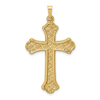 14k Hollow Polished Woven Fleur de Lis Cross Pendant