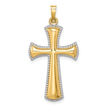 14k Hollow Polished with White Rhodium Beaded Edge Cross Pendant