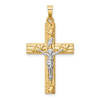 14k Two-tone Hollow Polished Textured and Striped Latin Crucifix Pendant