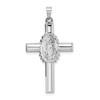 14k White Gold Polished and Satin Hollow Cross with Our Lady of Guadalupe Pendant
