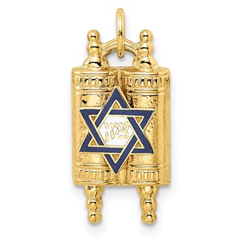 14k Polished Solid Torah with Blue and White Enameled Star of David Pendant
