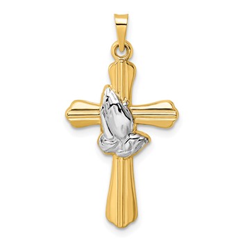 14k and White Rhodium Polished Hollow Praying Hands Cross Pendant