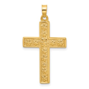 14k Polished and Textured Floral Cross Pendant