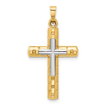 14k Two-Tone Textured and Polished Hollow Latin Cross Pendant