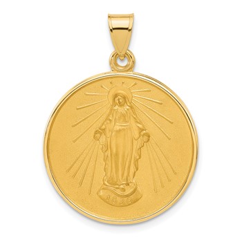 14k Polished and Satin Solid Miraculous Medal Plain Back Round Pendant