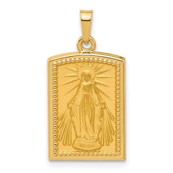 14k Polished and Satin Hollow Miraculous Medal Rectangular Pendant