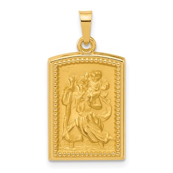 14K Polished and Satin Rectangular Hollow St. Christopher Medal Pendant