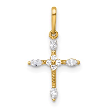 14k Polished and Beaded Fancy CZ Cross Charm / Pendant