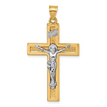 14k with White Rhodium Polished INRI Crucifix Cross Pendant