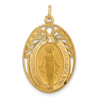 14k Polished and Satin Semi-solid Miraculous Medal in Frame Oval Pendant