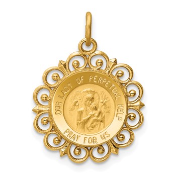 14k Polished and Satin Solid Our Lady of Perpetual Help Medal Scalloped Edge Round Pendant