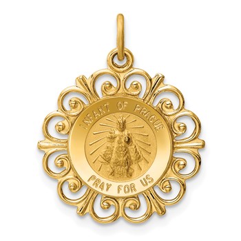 14k Polished and Satin Solid Infant of Prague Medal Scalloped Edge Round Charm