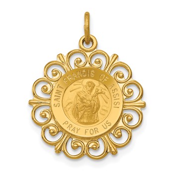 14k Polished and Satin Solid Saint Francis of Assisi Medal Scalloped Edge Round Pendant