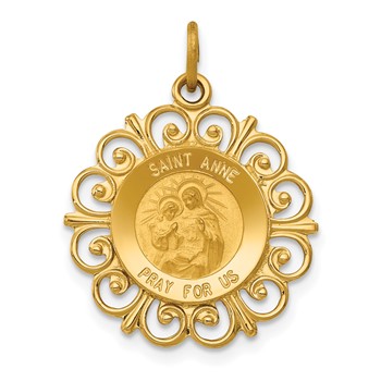 14k Polished and Satin Solid Saint Anne Medal Scalloped Edge Charm