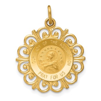 14k Polished and Satin Solid Our Lady Of The Assumption Medal Scalloped Edge Round Pendant
