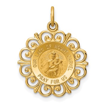 14k Polished and Satin Solid Our Lady of Mt. Carmel Medal Scalloped Edge Round Charm